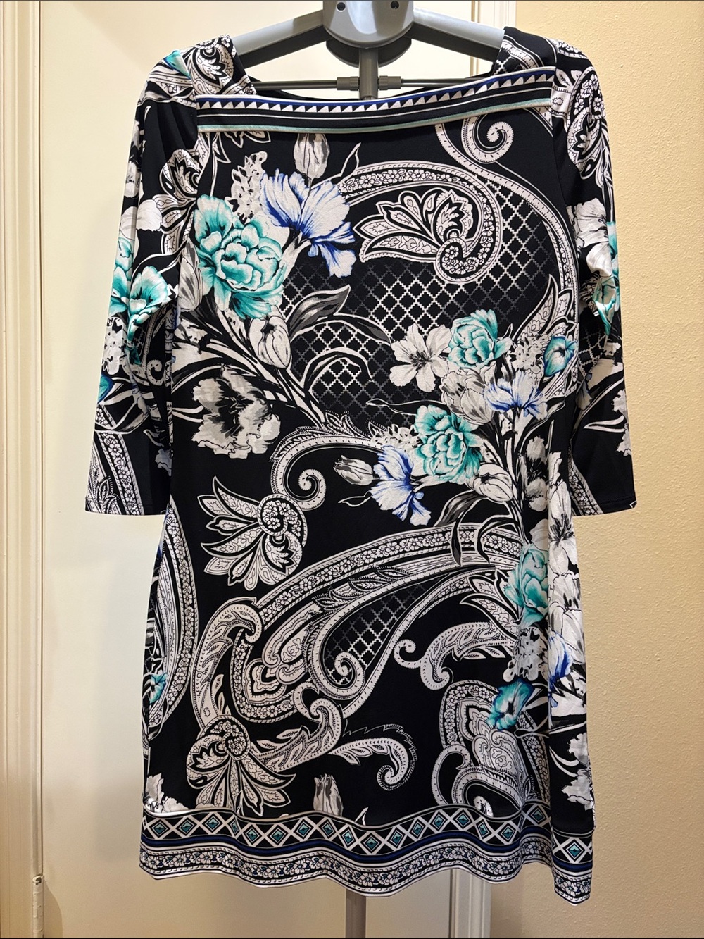 White House Black Market Black Tunic with Teal and White Floral Paisley Accents